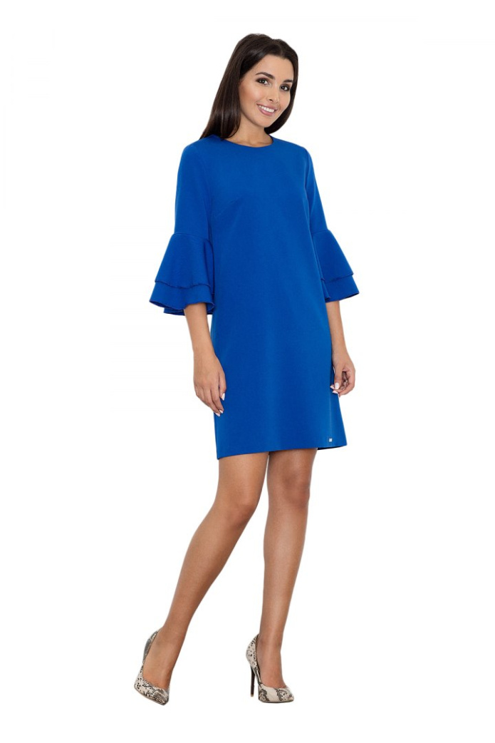 Sukienka Mini - Trapezowa Luźna Z Falbaną - niebieska